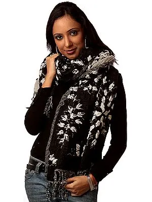 Black Scarf with Embroidery in White Wool