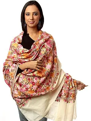 Ivory Jamdani Shawl from Kashmir with Dense Floral Embroidery All-Over