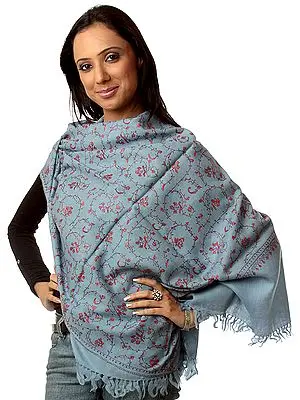 Steel-Blue Tusha Stole Hand-Embroidered All-Over in Kashmir