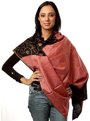Rose-Pink and Black Shawl with All-Over Needle Embroidery