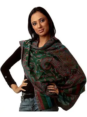 Islamic-Green Kani Stole with Woven Flowers in Multi-Color Threads