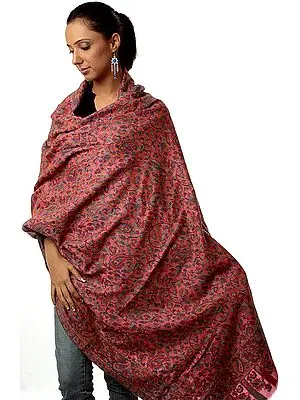 Pink Kani Shawl with Multi-Color Woven Paisleys All-Over