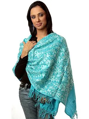 Turquoise Blue Stole with Aari Embroidery All-Over