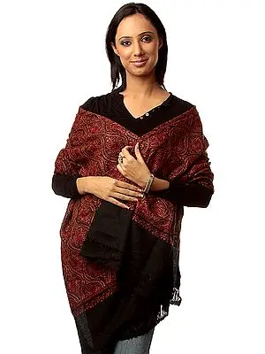 Black Semi-Pashmina Kashmiri Stole with Intricate Jamdani Embroidery by Hand