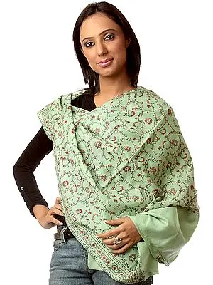 Light-Green Tusha Stole Hand-Embroidered All-Over in Kashmir