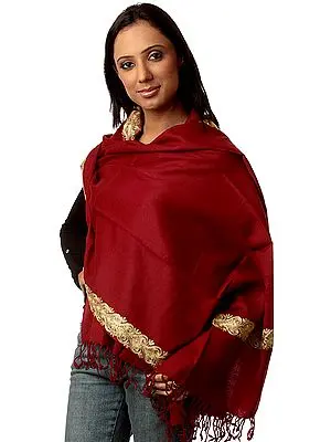 Plain Burgundy Stole with Embroidered Border in Golden Thread