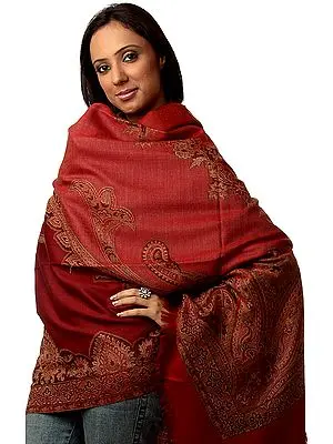 Red and Rust Jamawar Shawl with Woven Flowers