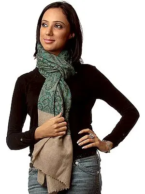 Green and Beige Pure Pashmina Stole with Woven Paisleys