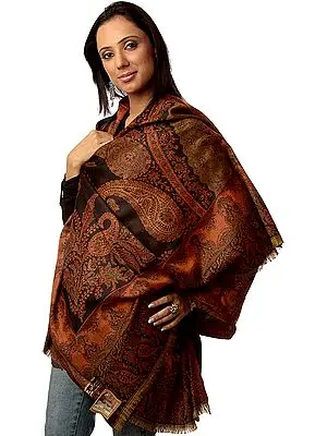 Black and Burnt Orange Jamawar Shawl with Needle Embroidery by Hand