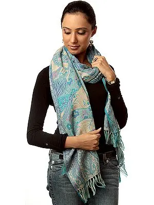 Turquoise and Lilac Jamawar Stole with Woven Flowers and Paisleys