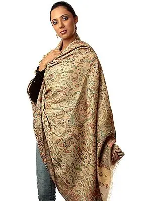 Beige Kani Shawl with Multi-Color Woven Paisleys All-Over