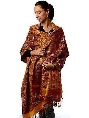 Golden-Mustard Stylized Paisley Banarasi Shawl with All-Over Weave
