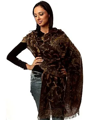 Brown Pure Pashmina Stole with Printed Flowers