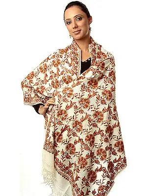 Ivory and Brown Stole with Aari-Embroidered Flowers All-Over and Sequins