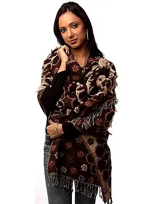 Coffee Brown Cutwork Stole with Floral Embroidery