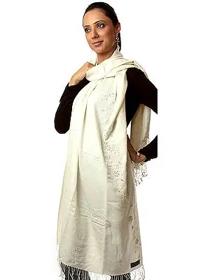 Ivory Silk-Pashmina Stole from Nepal with Embroidered Beads and Sequins