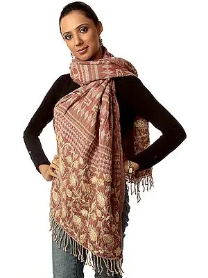 Brown Boiled-Wool Stole with Aari Embroidery All-over
