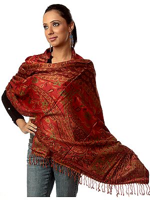 Red Reversible Jamawar Stole with Woven Paisleys