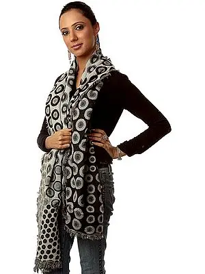 Black and Gray Reversible Stole with Woven Circles Fringed on All Sides