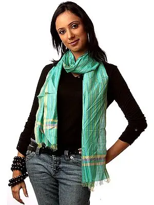 Green Striped Scarf Hand-woven in Madhya Pradesh