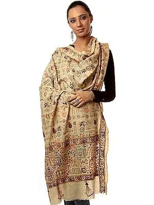 Beige Shawl with Warli Folk Motifs Kantha Embroidered by Hand
