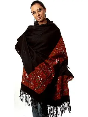 Black Kullu Shawl with Kinnauri Woven Wide Border