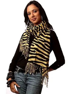 Yellow and Black Silk-Pashmina Stole from Nepal with Animal Print