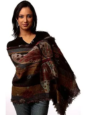 Multi-Color Embroidered Stole Fringed on All Sides with Woven Butterfly
