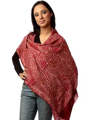 Burgundy and Pink Pure Pashmina Stole with Woven Paisleys