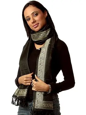 Black Banarasi Hand-Woven Shawl with All-Over Tanchoi Weave