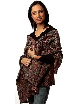 Black Kani Stole with Woven Flowers in Multi-Color Threads