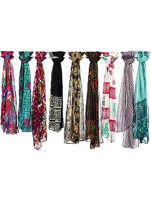 Lot of Nine Bamboo Printed Scarves