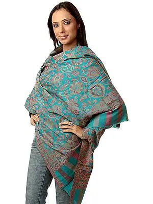 Turquoise Kani Shawl with Multi-Color Woven Flowers All-Over