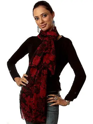 Black and Red Floral Printed Cashmere Scarf