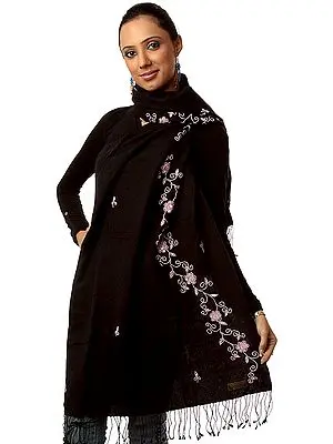 Black Silk-Pashmina Stole from Nepal with Embroidered Beads and Sequins