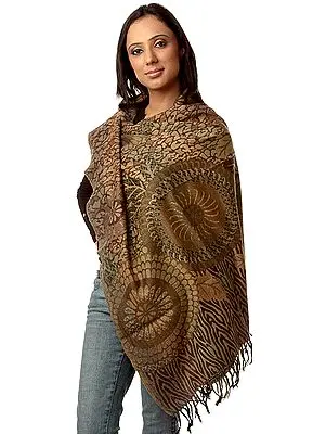 Green and Brown Jamawar Stole with Woven Chakras