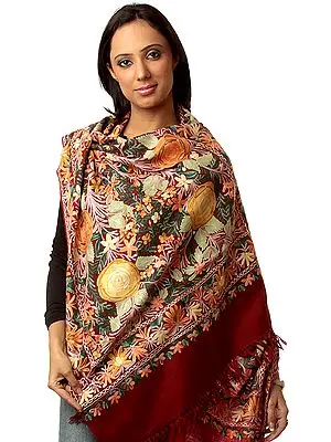 Maroon Jamdani Stole from Kashmir with Dense Floral Embroidery All-Over