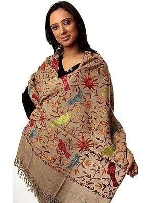 Khaki Crewel Stole with Embroidered Birds