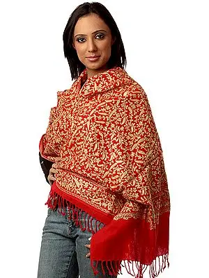 Red Stole with Aari Embroidered Paisleys All-Over