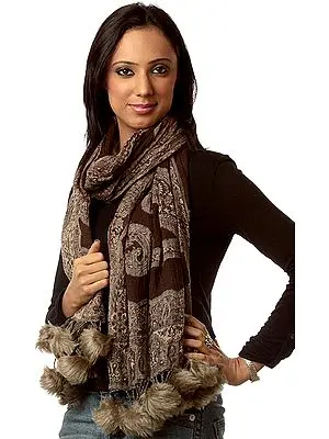 Brown Jamawar Stole with Pompom on Tassels