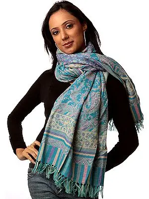 Turquoise Double-Sided Jamawar Shawl with All-Over Woven Paisleys