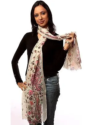 Ivory Cashmere Stole with Printed Paisleys