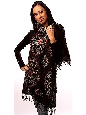 Black Chakra Stole with All-Over Crewel Embroidery