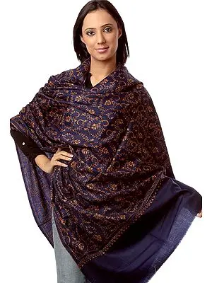 Midnight-Blue Tusha Shawl with All-Over Jafreen Jaal Embroidery