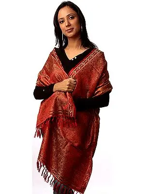 Red Tehra Banarasi Stole Hand-Woven with All-Over Paisleys
