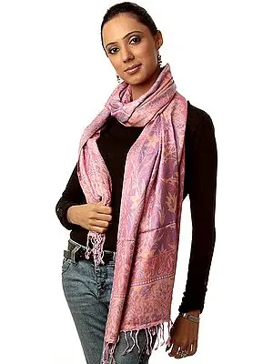 Pink and Lilac Reversible Jamawar Stole with Woven Flowers