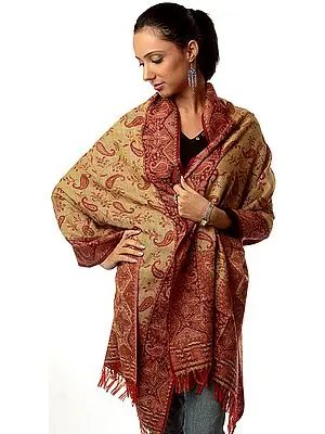 Red and Beige Double-Sided Jamawar Stole with All-Over Woven Paisleys