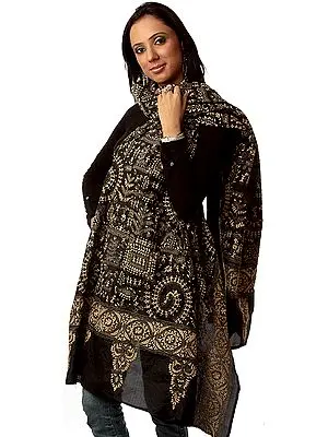 Black Shawl with Warli Folk Motifs Kantha Embroidered by Hand