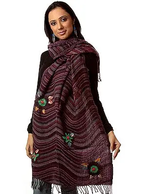 Purple Boiled-Wool Stole with Aari Embroidered Flowers and Beadwork