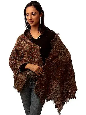 Brown and Green Embroidered Stole Fringed on All Sides